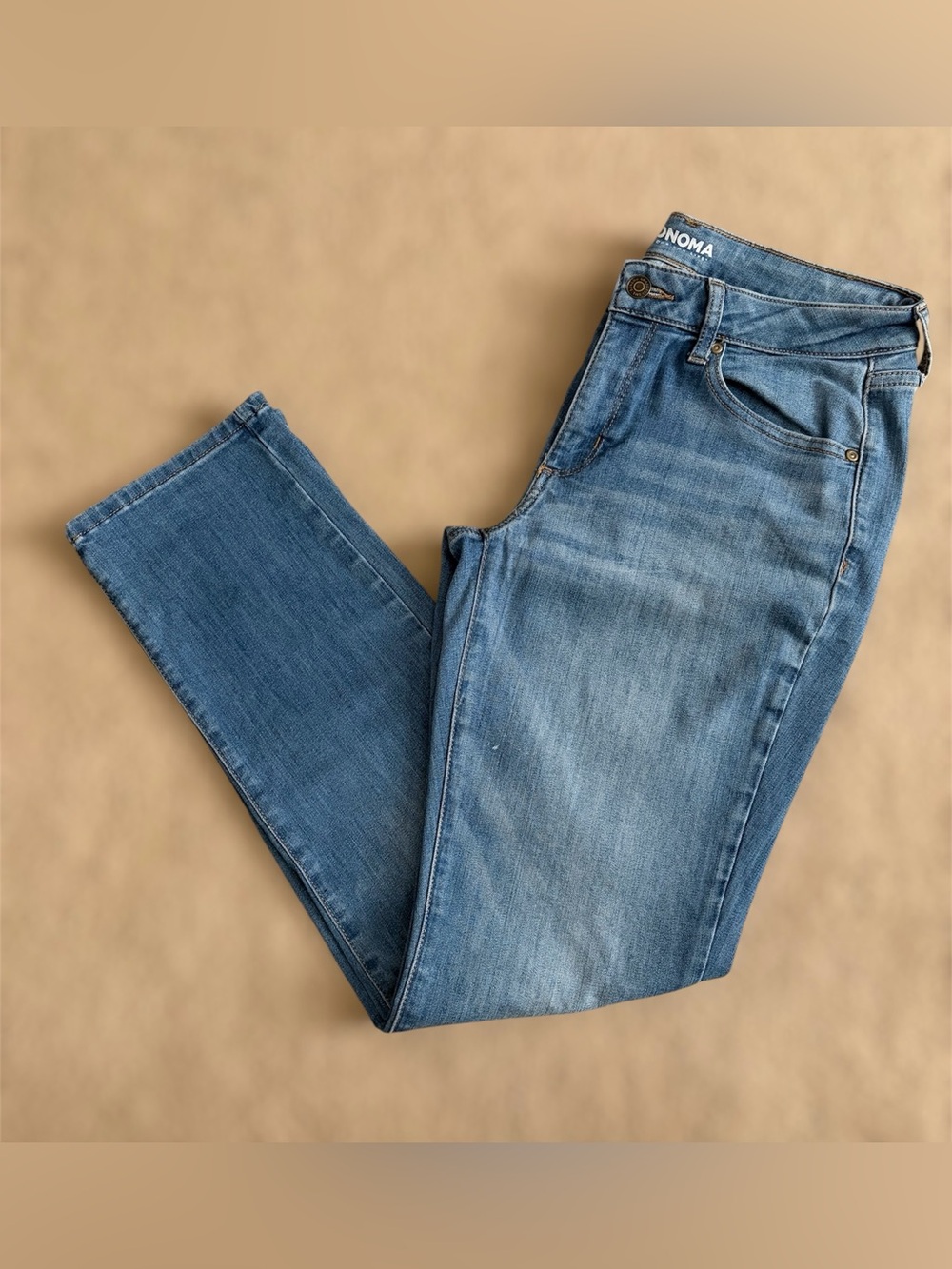 Sonoma straight-leg jeans in a medium wash blue denim. Size 8R